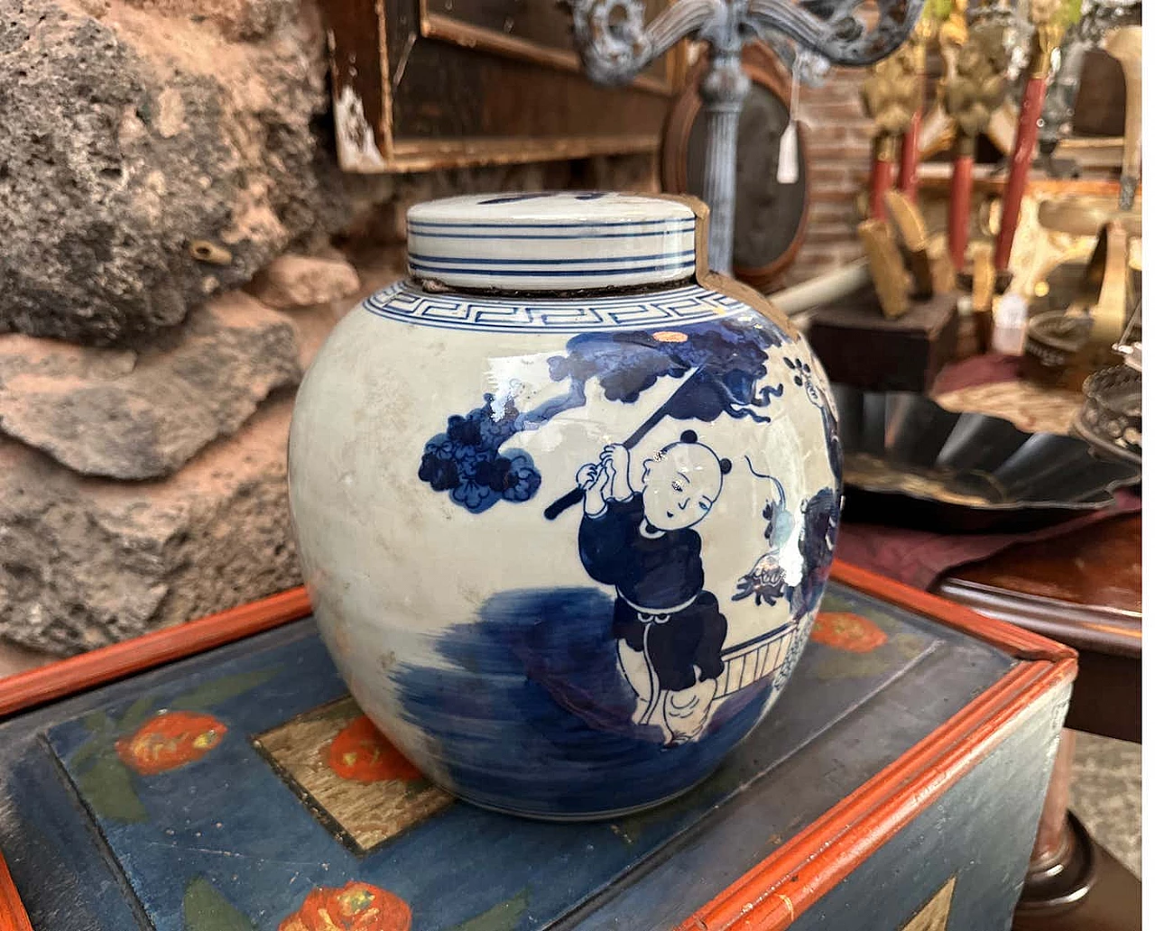 Barattolo da zenzero cinese in ceramica bianca e blu, anni '70 6
