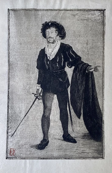 Henri Charles Guérard, Faure as Hamlet, etching, 1884