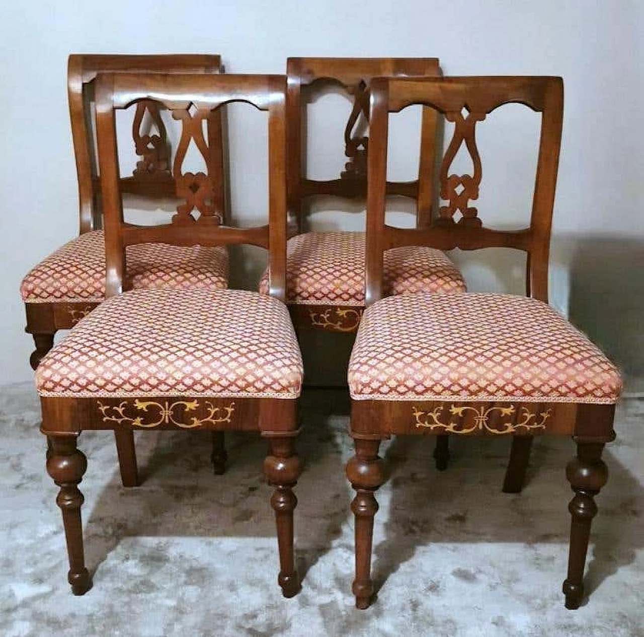 4 Sedie in legno e tessuto in stile Biedermeier, metà '800 5