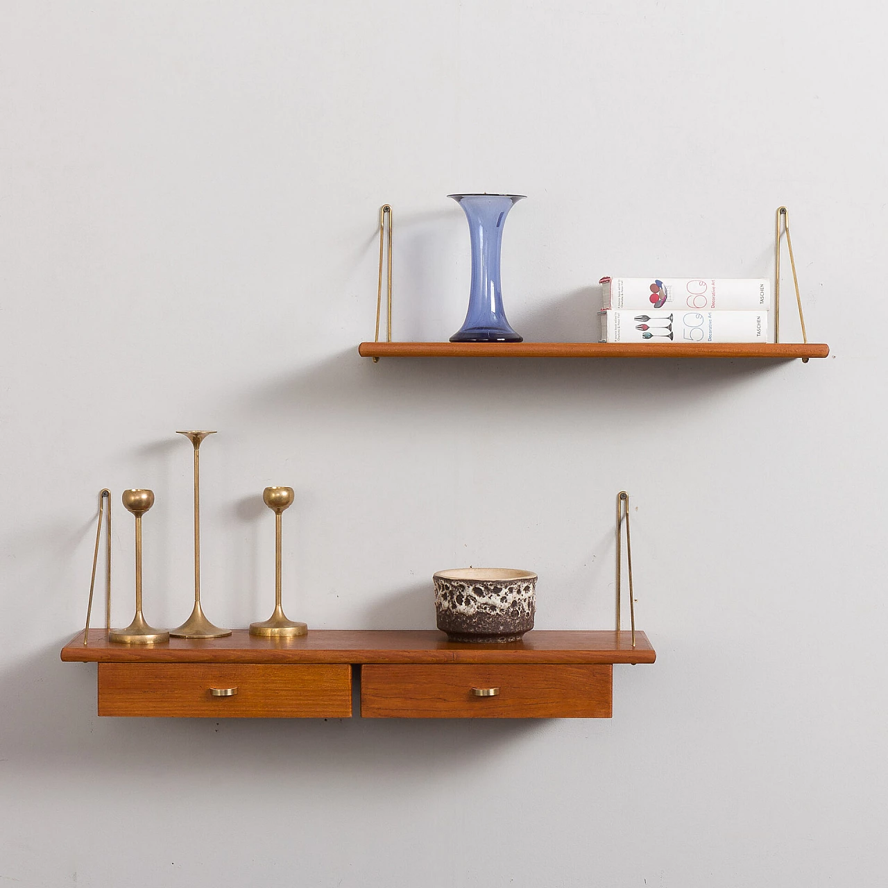 Danish teak and brass hanging console and shelf, 1950s 1