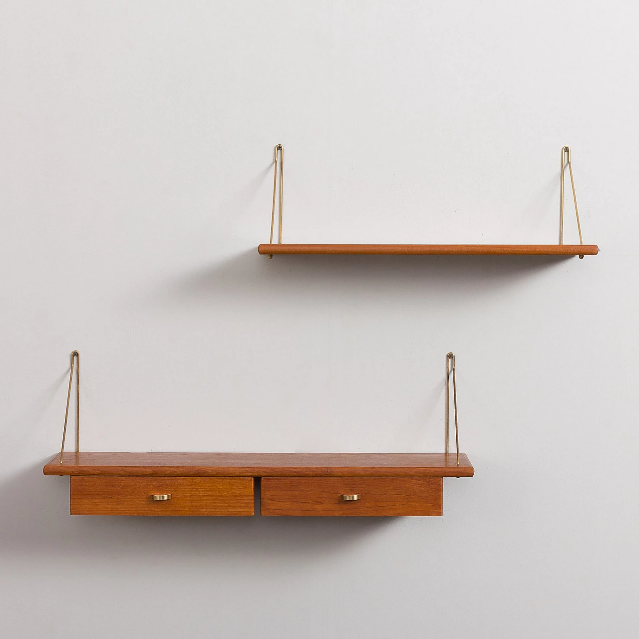 Danish teak and brass hanging console and shelf, 1950s 3