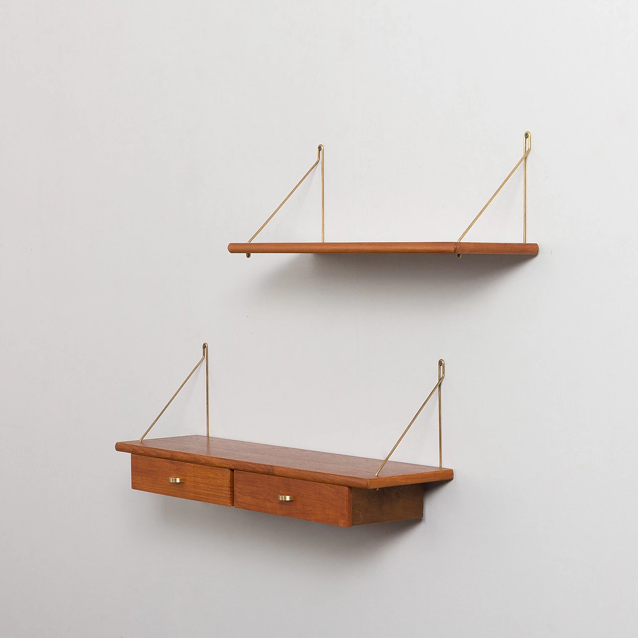 Danish teak and brass hanging console and shelf, 1950s 4