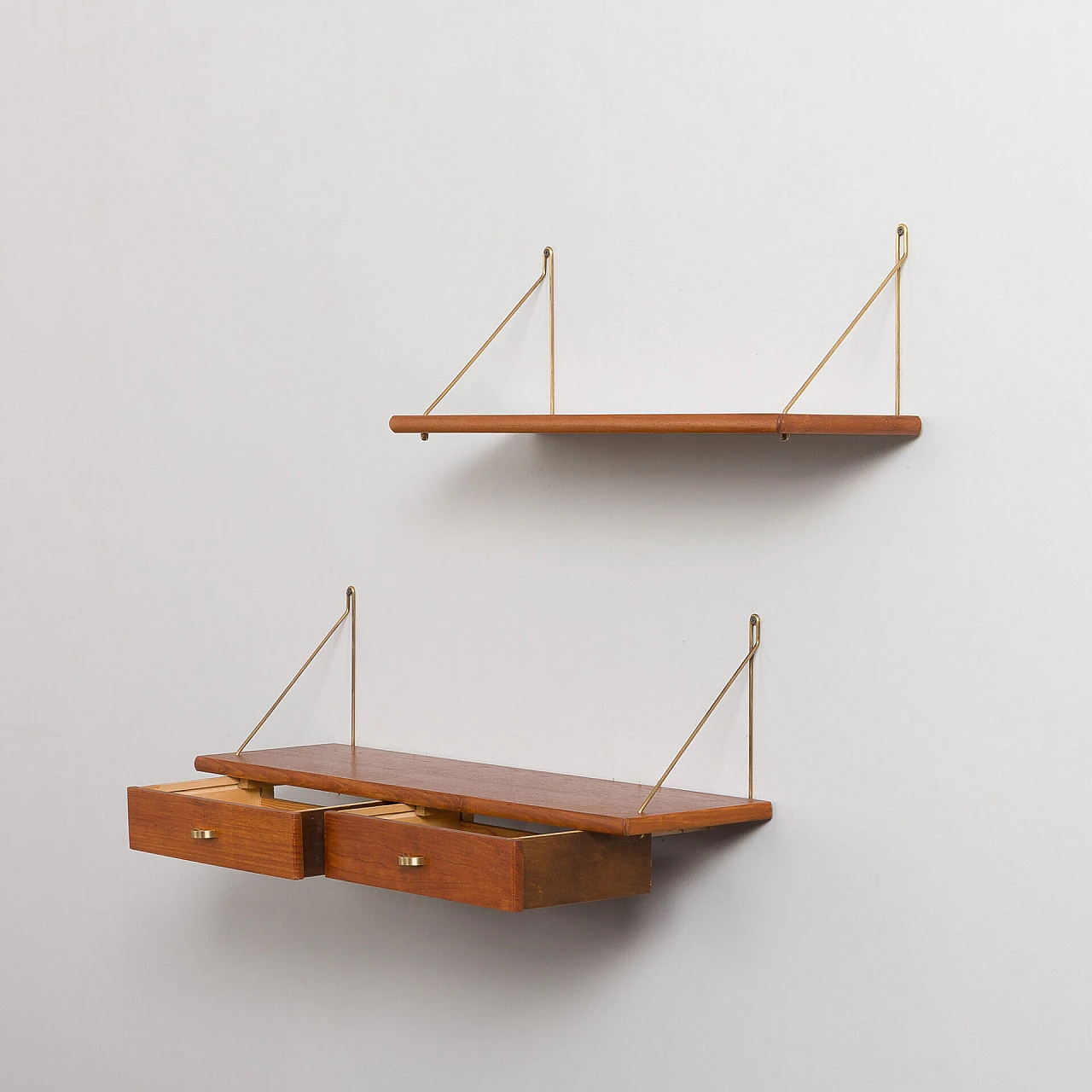 Danish teak and brass hanging console and shelf, 1950s 5