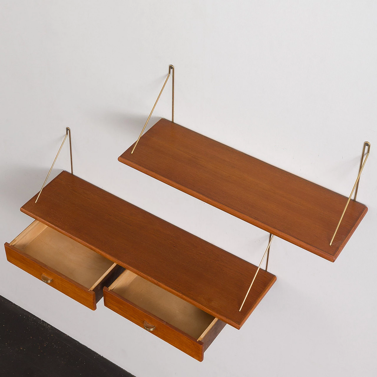 Danish teak and brass hanging console and shelf, 1950s 6