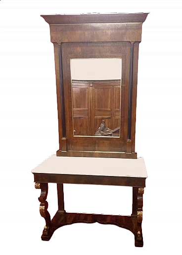 Empire walnut and marble console with mirror, early 19th century