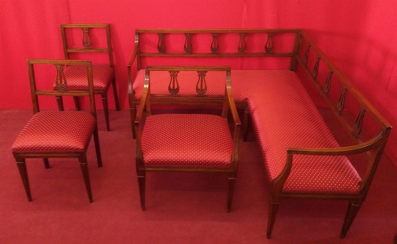 Divano, poltrona e coppia di sedie stile Luigi XVI, inizio '800 10