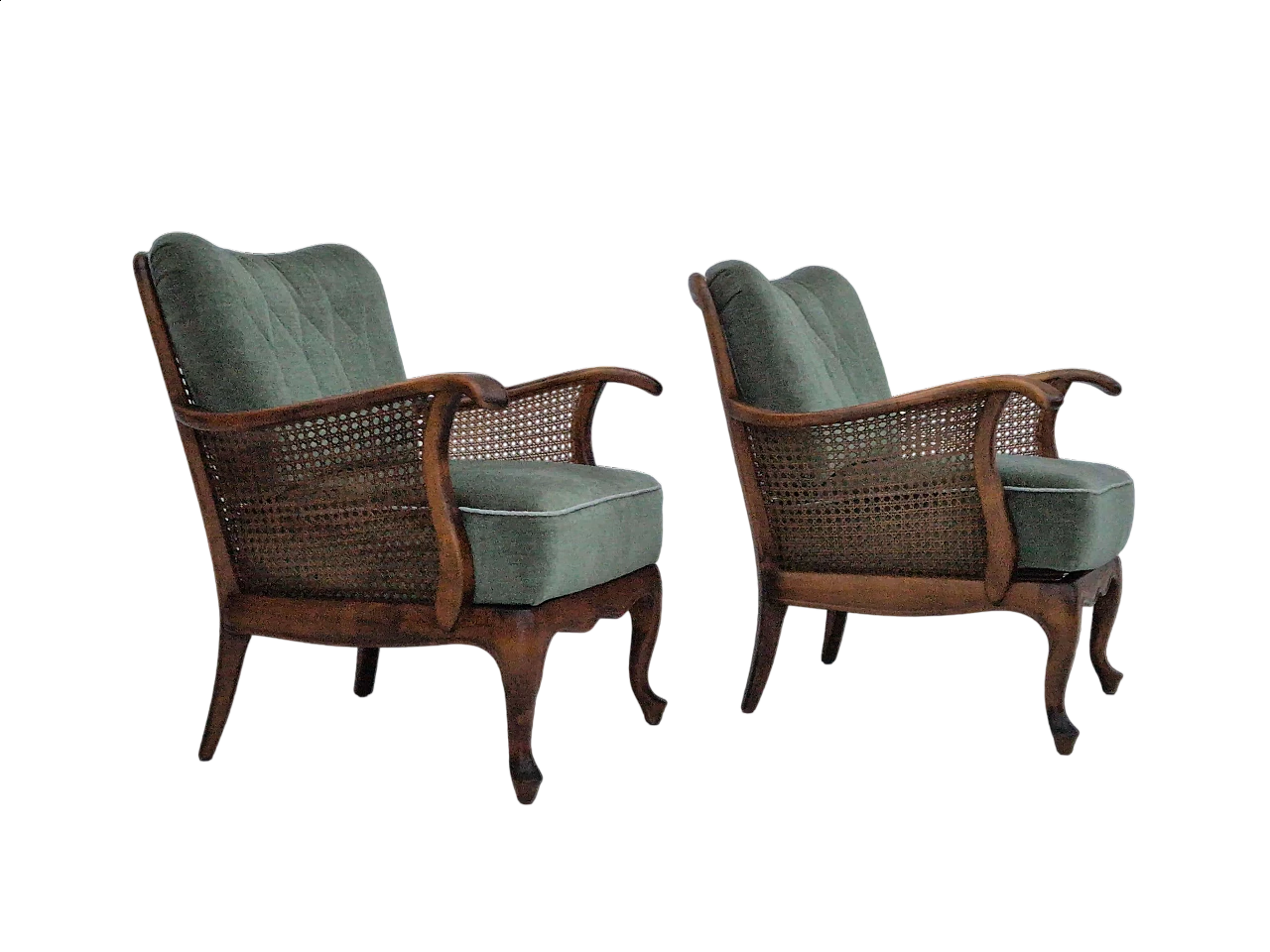 Pair of Danish armchairs in ashwood and green velour, 1950s 18