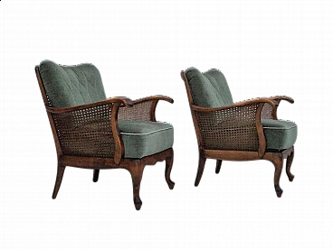 Pair of Danish armchairs in ashwood and green velour, 1950s
