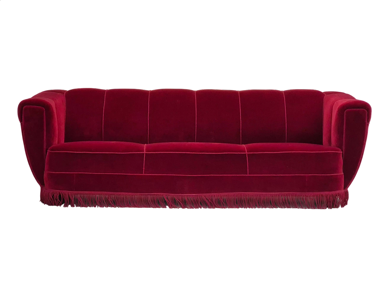 Divano danese a 3 posti in velluto rosso e rovere, anni '60 20