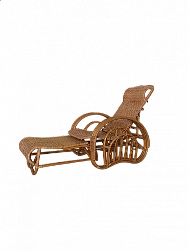 Chaise longue regolabile in bambù e vimini intrecciato, anni '60