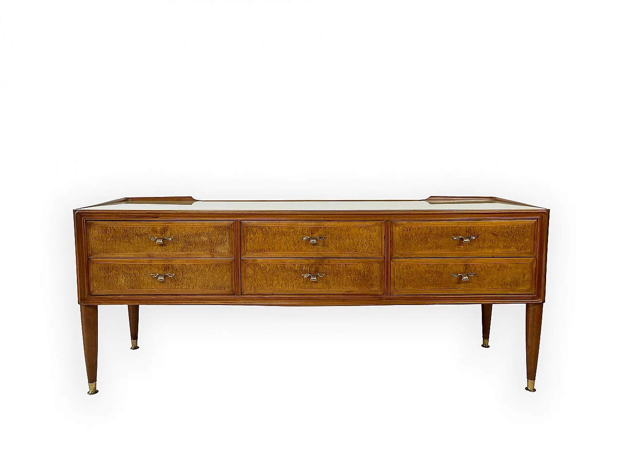 Mahogany and brass chest of drawers with glass top, 1950s 1