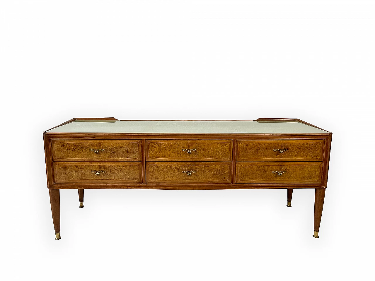 Mahogany and brass chest of drawers with glass top, 1950s 2