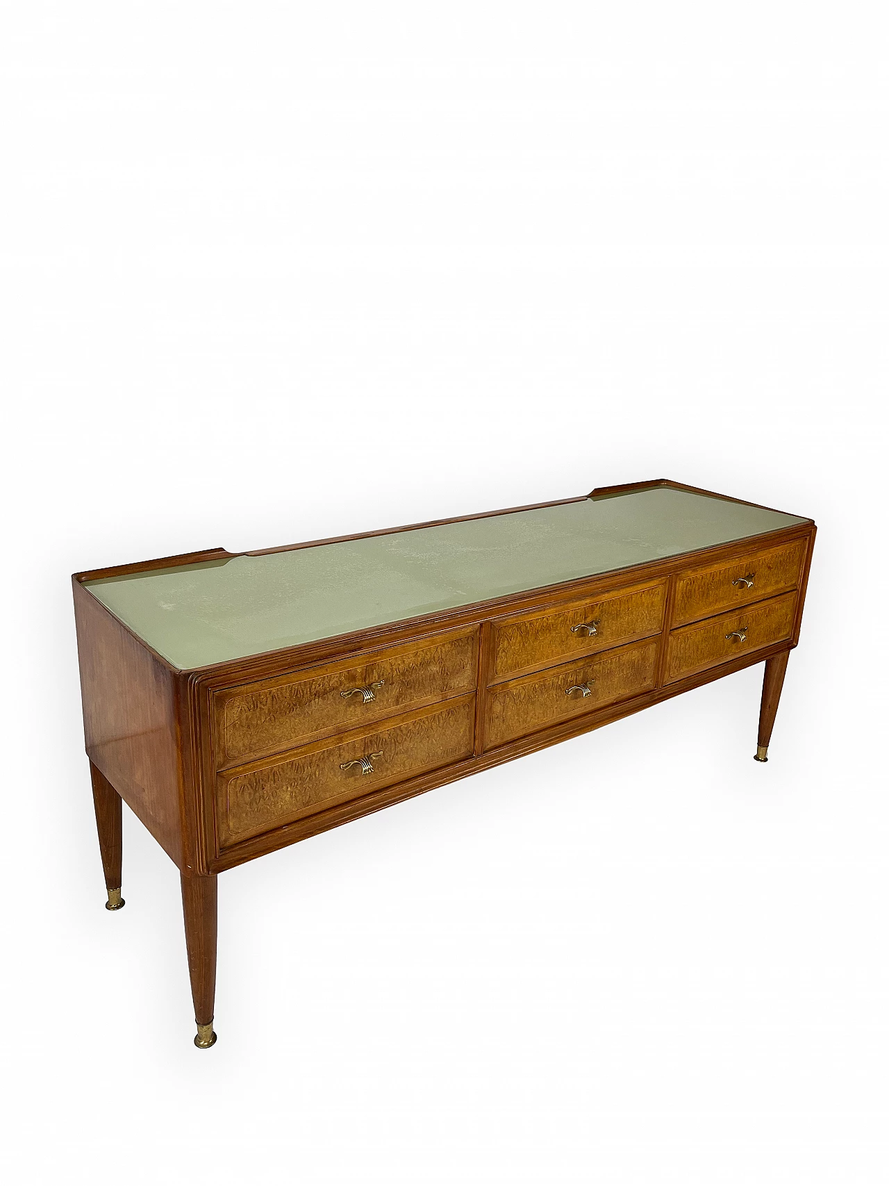 Mahogany and brass chest of drawers with glass top, 1950s 4
