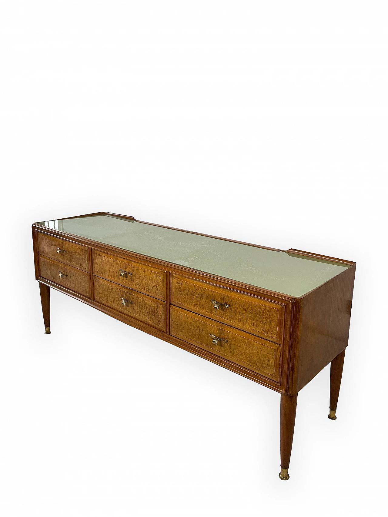 Mahogany and brass chest of drawers with glass top, 1950s 5