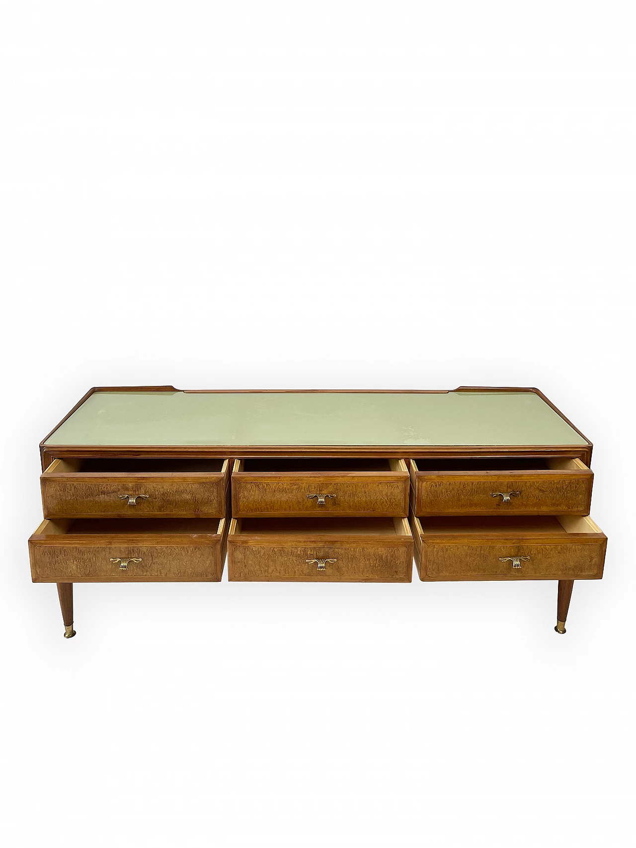 Mahogany and brass chest of drawers with glass top, 1950s 9