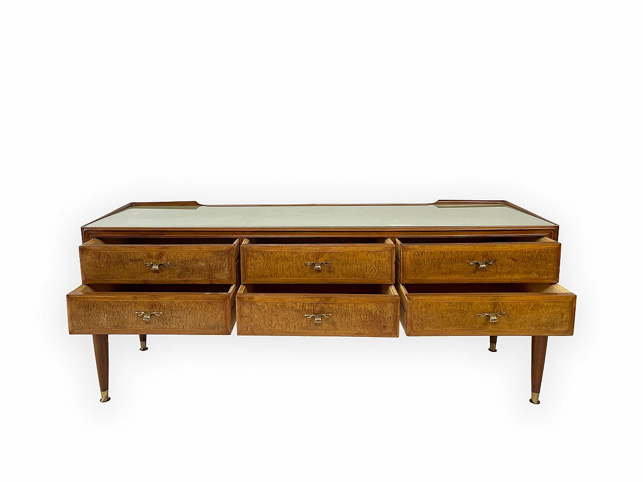 Mahogany and brass chest of drawers with glass top, 1950s 10