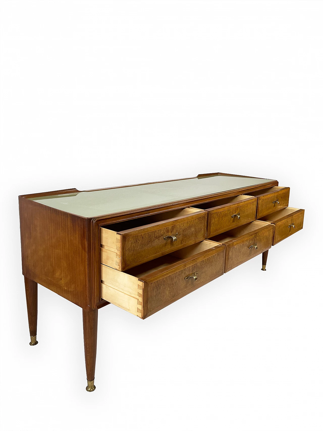 Mahogany and brass chest of drawers with glass top, 1950s 12