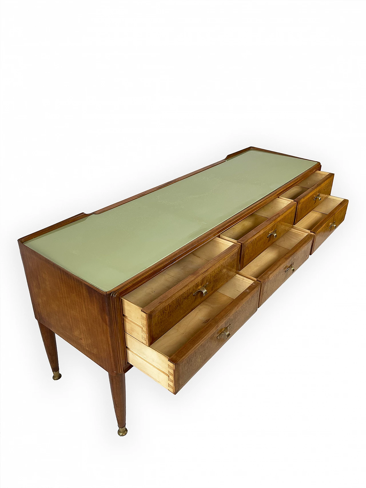 Mahogany and brass chest of drawers with glass top, 1950s 13