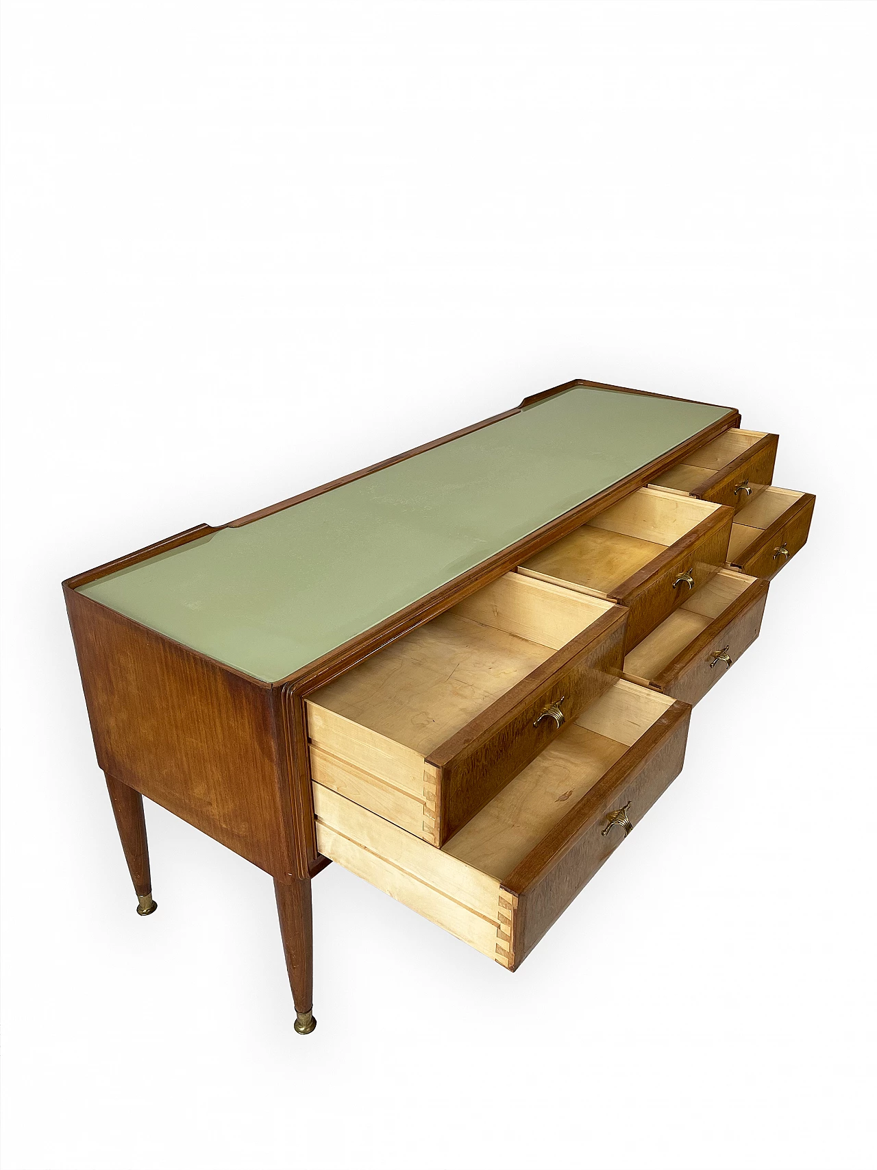 Mahogany and brass chest of drawers with glass top, 1950s 14