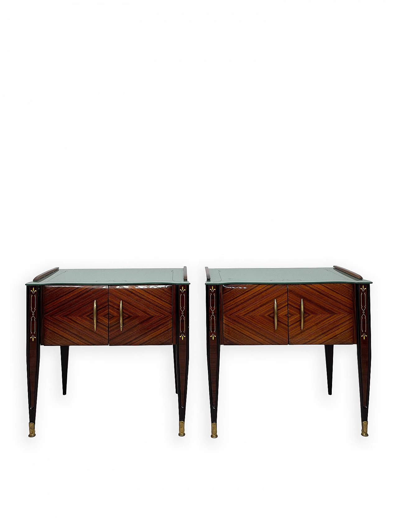 Pair of wooden bedside tables with double doors and glass top, 1960s 1