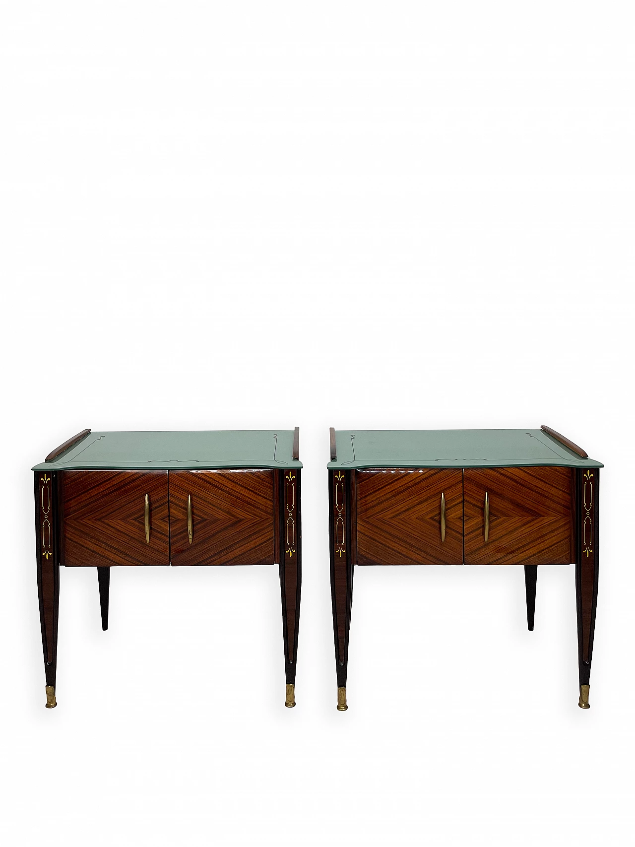 Pair of wooden bedside tables with double doors and glass top, 1960s 2