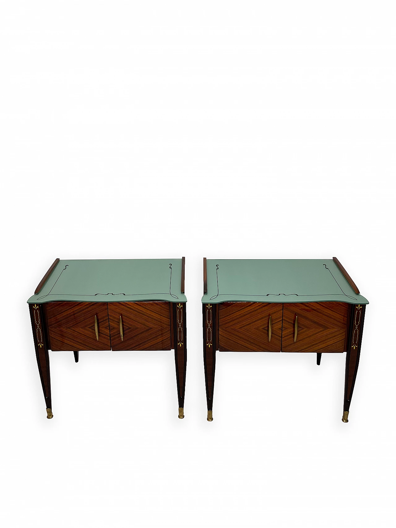 Pair of wooden bedside tables with double doors and glass top, 1960s 3