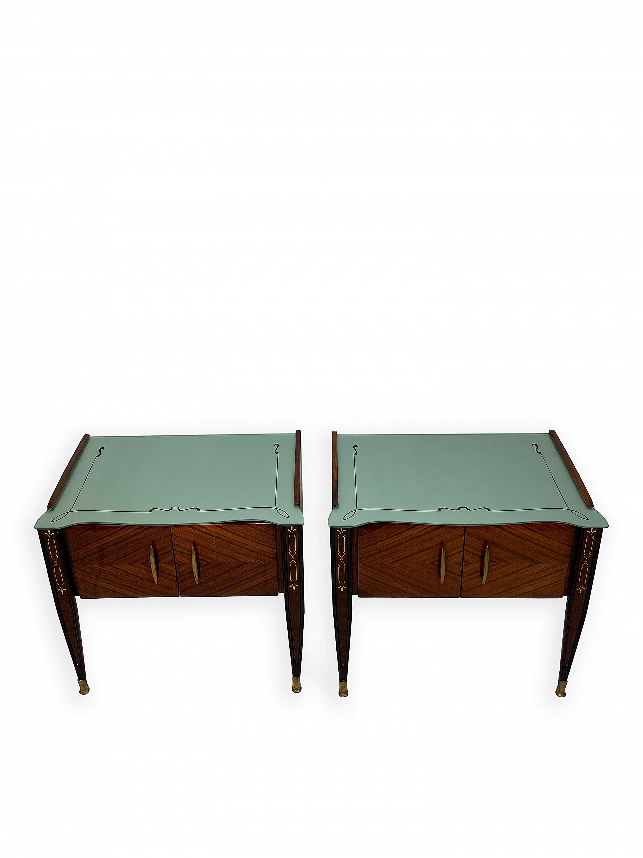 Pair of wooden bedside tables with double doors and glass top, 1960s 4