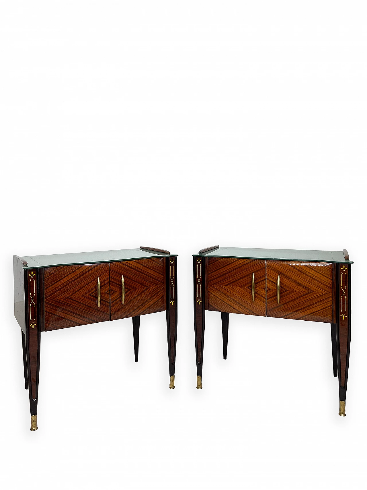 Pair of wooden bedside tables with double doors and glass top, 1960s 5