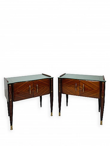 Pair of wooden bedside tables with double doors and glass top, 1960s