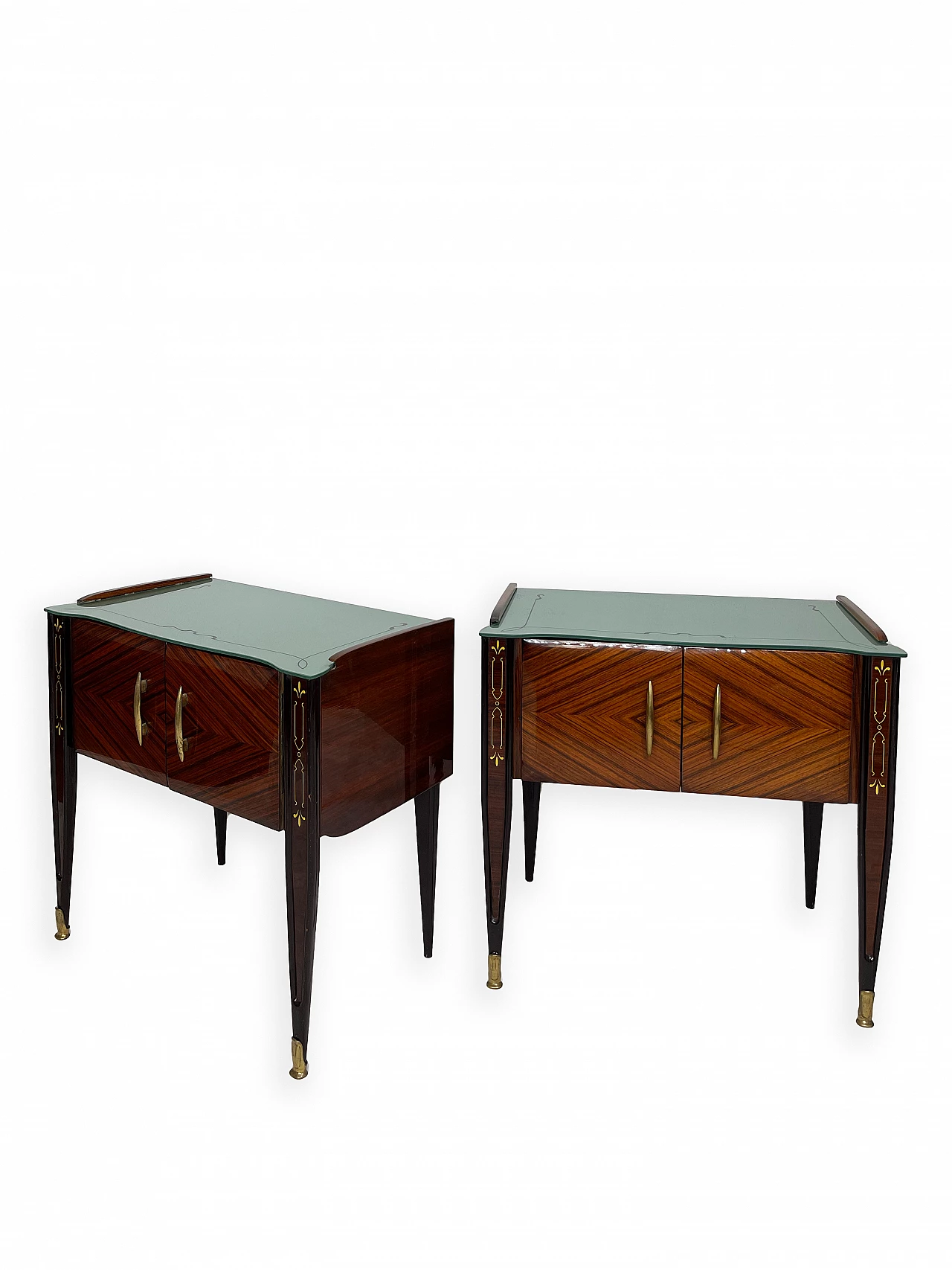 Pair of wooden bedside tables with double doors and glass top, 1960s 7
