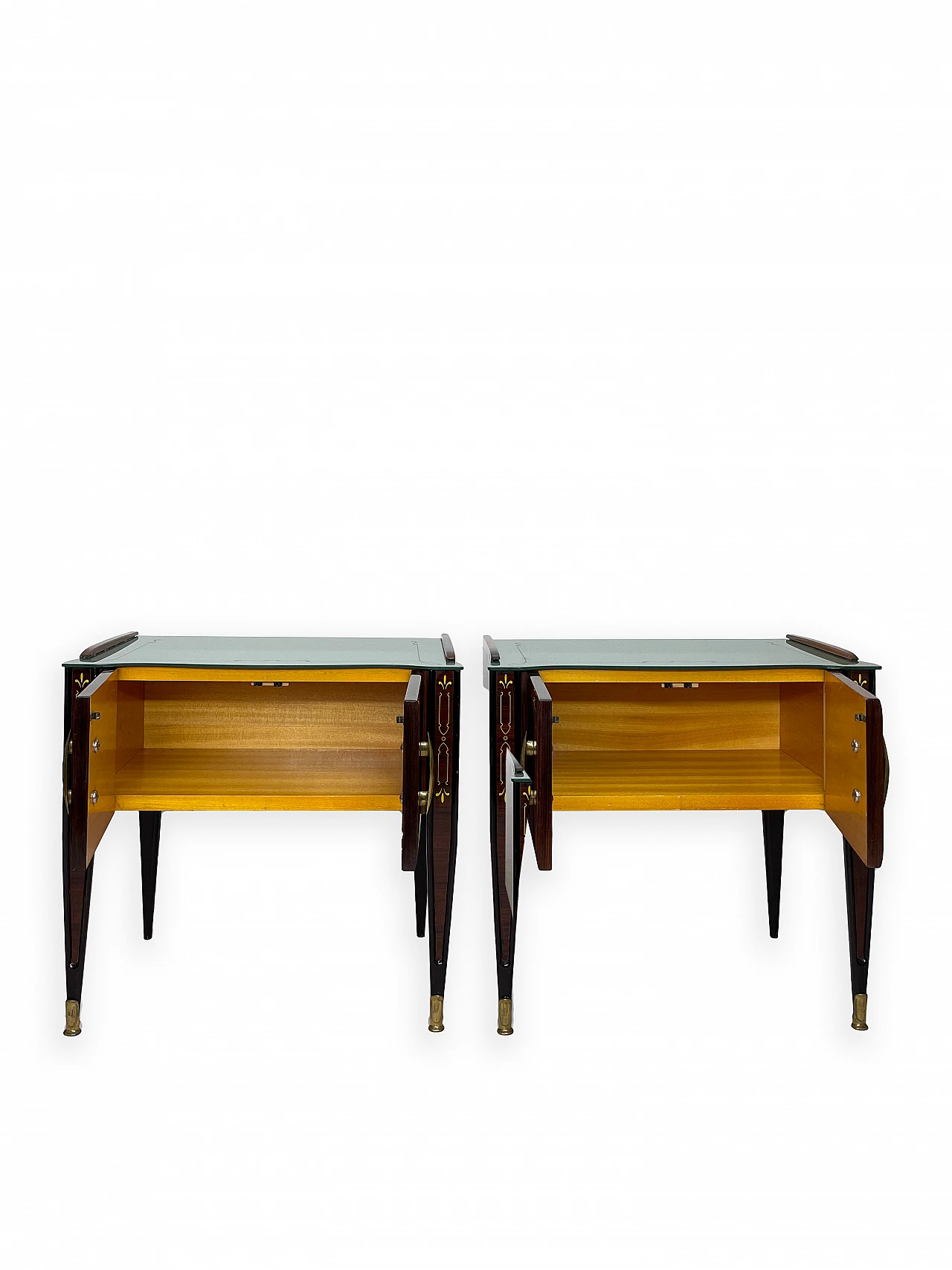 Pair of wooden bedside tables with double doors and glass top, 1960s 8