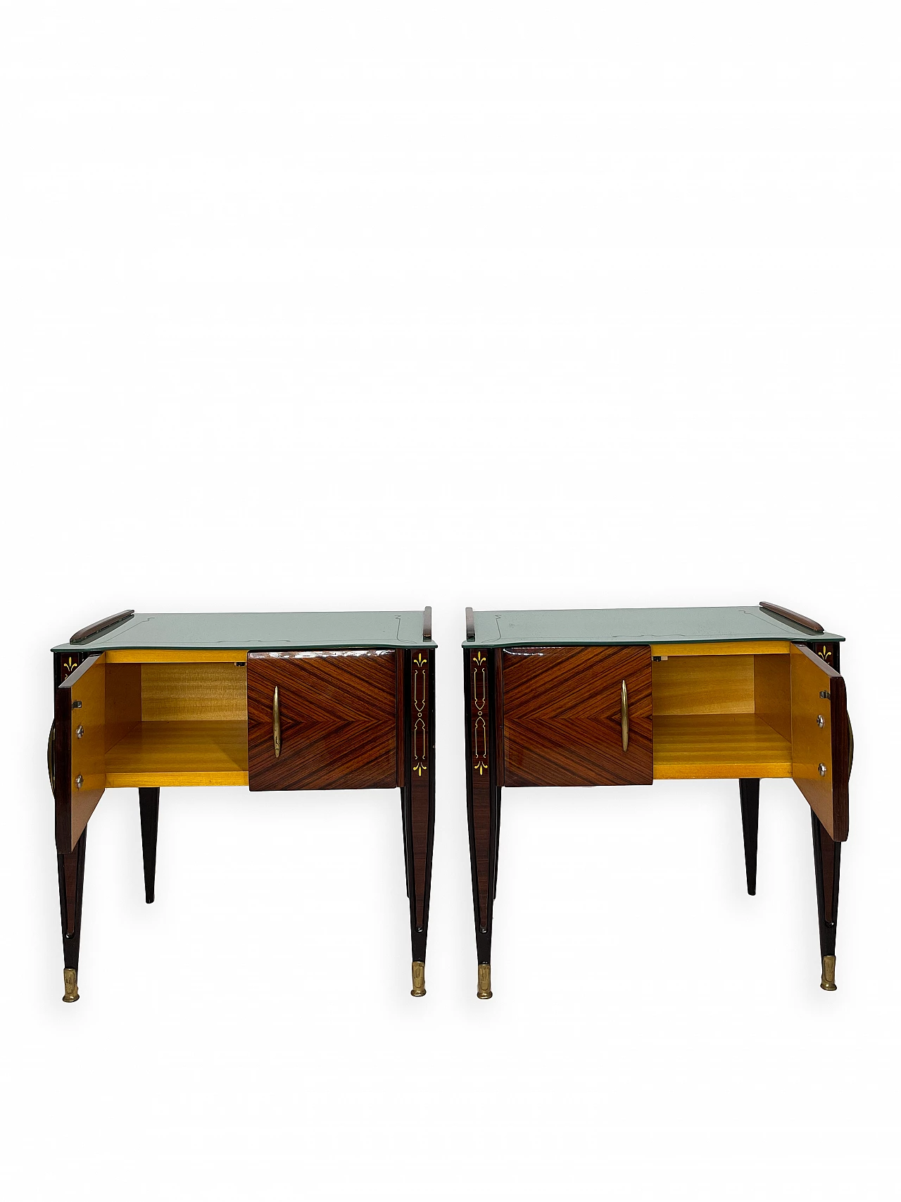 Pair of wooden bedside tables with double doors and glass top, 1960s 9