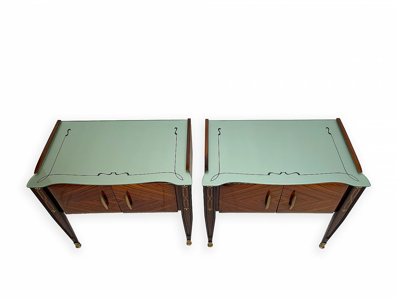 Pair of wooden bedside tables with double doors and glass top, 1960s 10