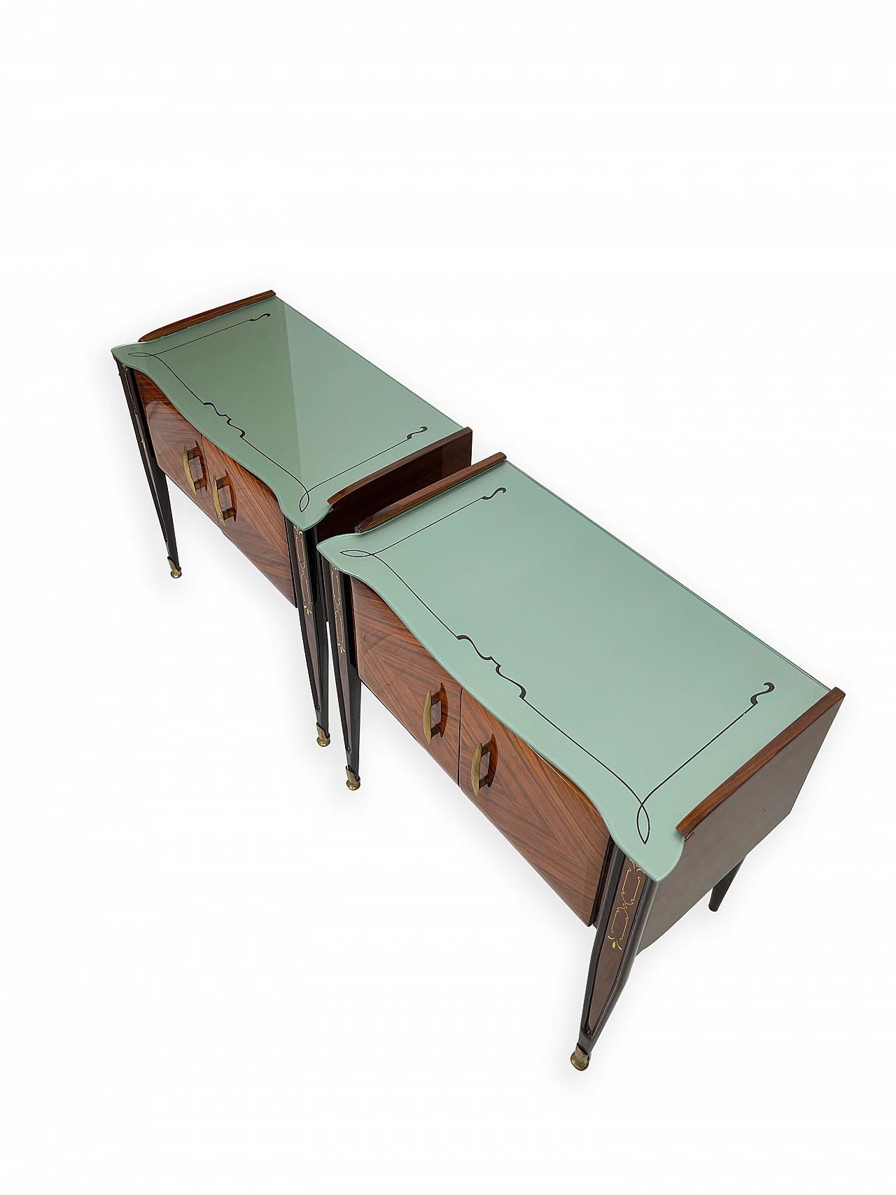 Pair of wooden bedside tables with double doors and glass top, 1960s 12