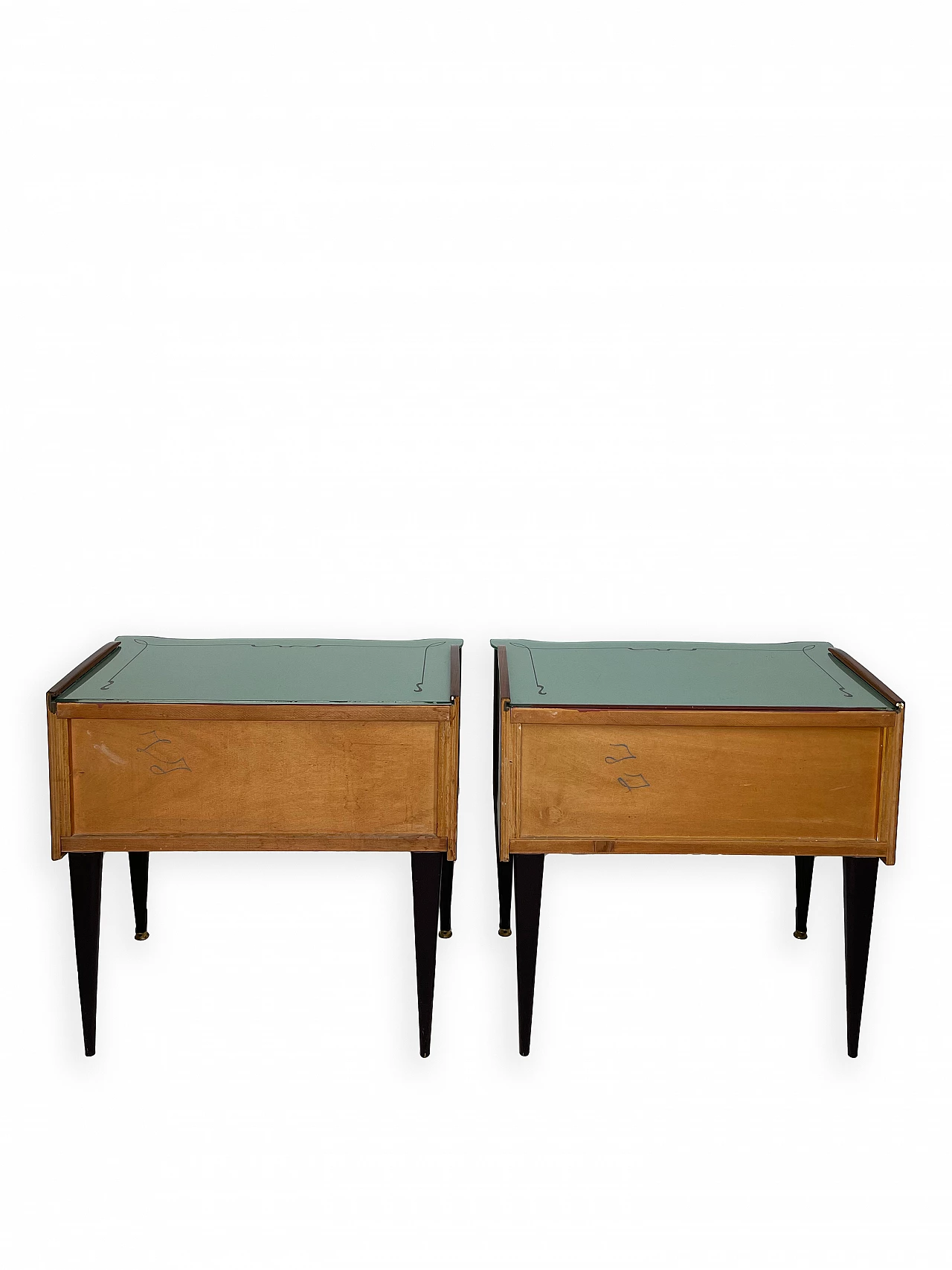 Pair of wooden bedside tables with double doors and glass top, 1960s 14