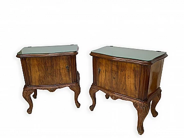 Pair of walnut bedside tables with door and glass top, 1950s