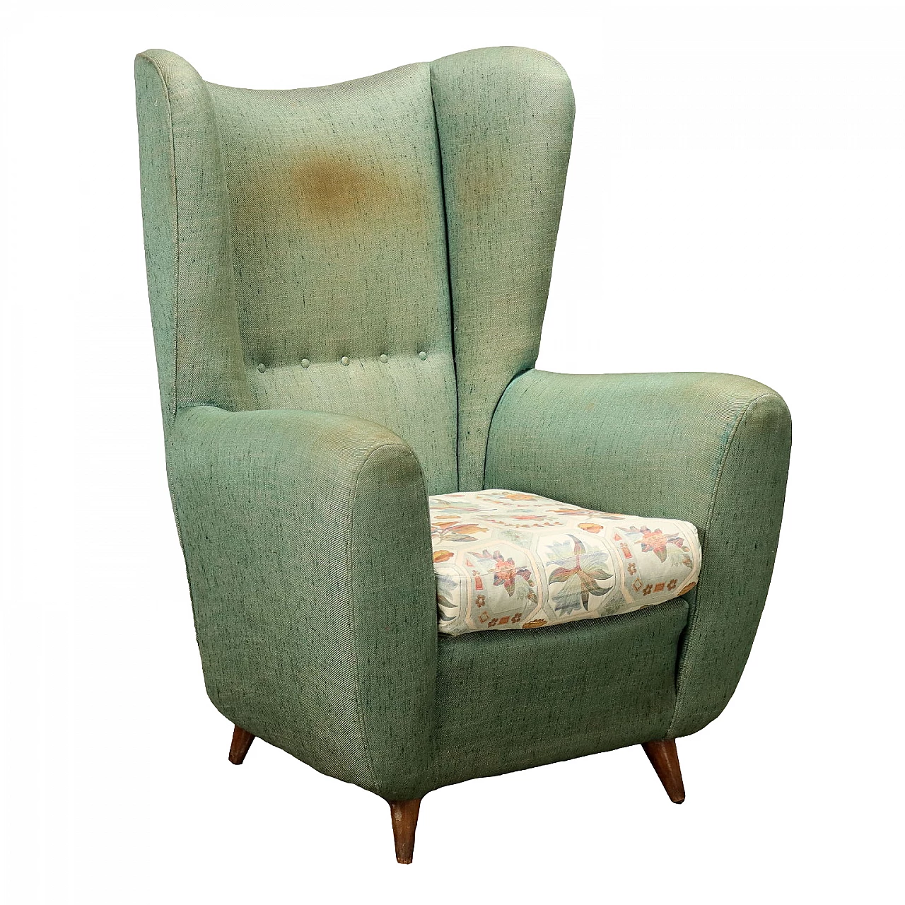 Bergère armchair with green fabric upholstery, 1950s 1