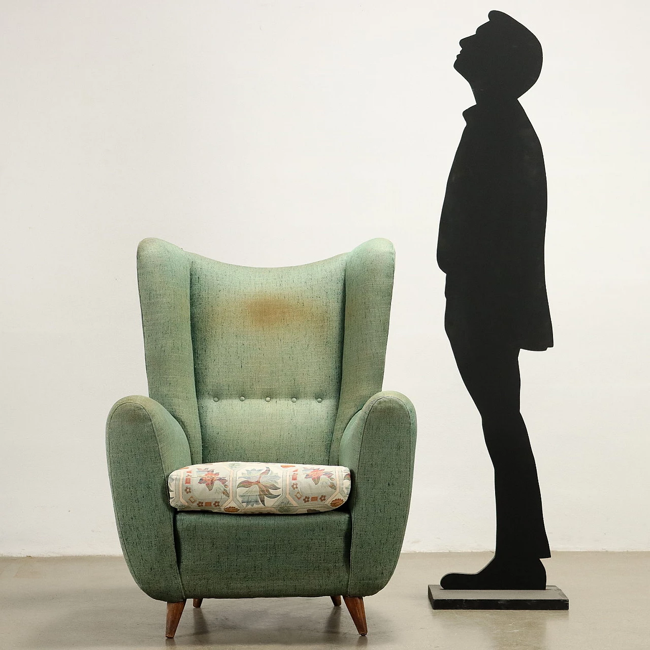 Bergère armchair with green fabric upholstery, 1950s 2