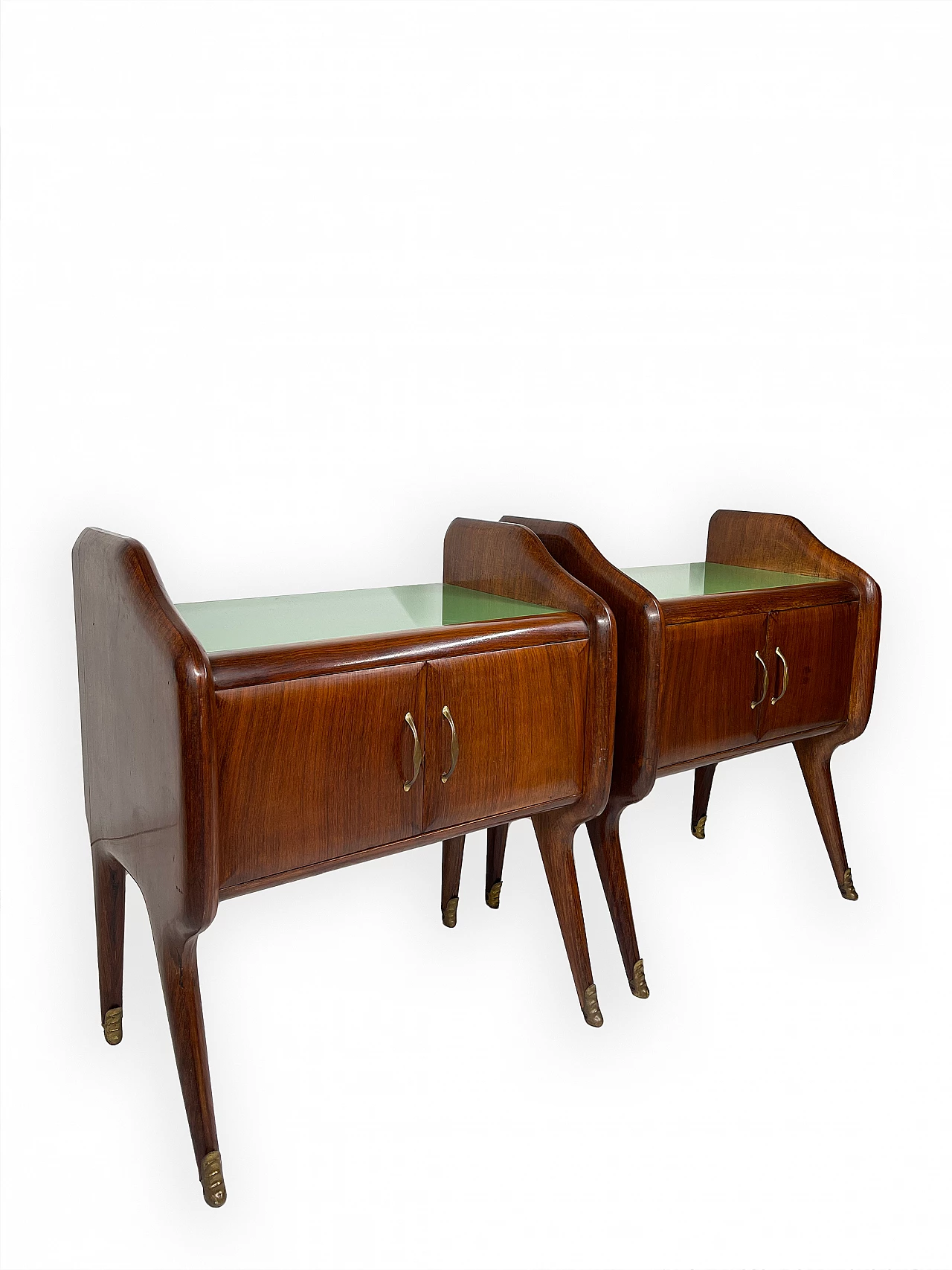 Pair of wooden bedside tables with green glass top, 1950s 1