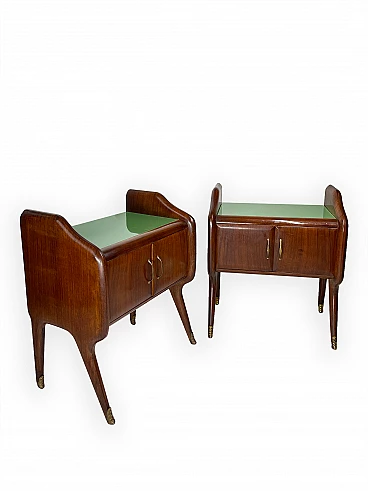 Pair of wooden bedside tables with green glass top, 1950s