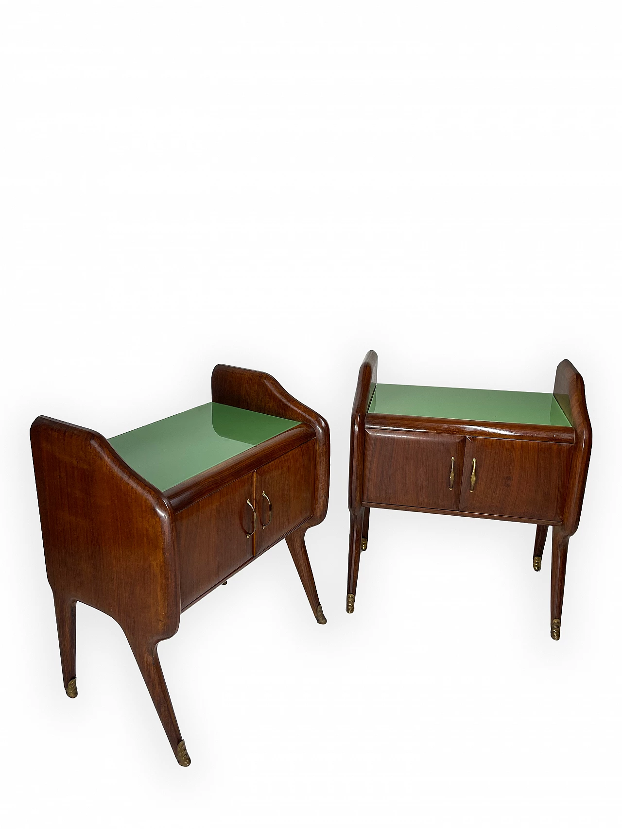 Pair of wooden bedside tables with green glass top, 1950s 3