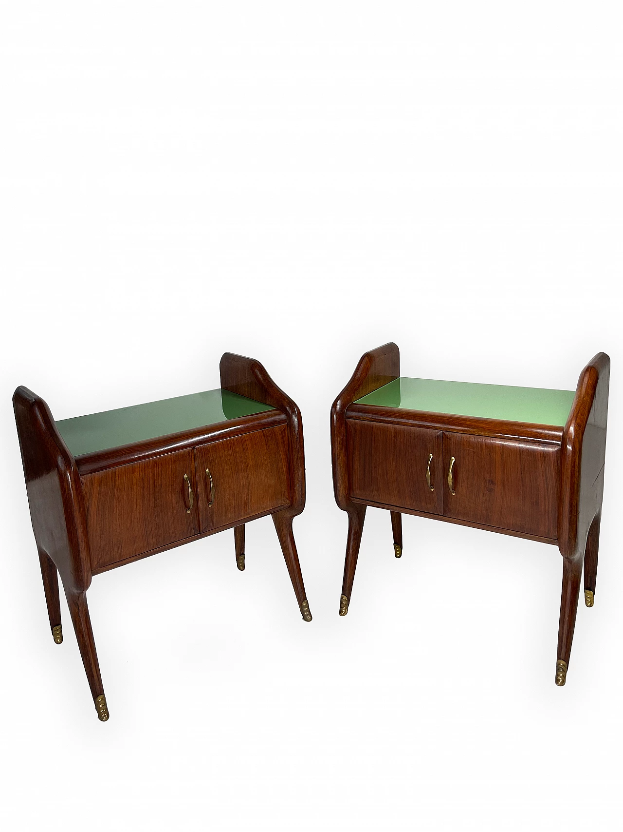 Pair of wooden bedside tables with green glass top, 1950s 5