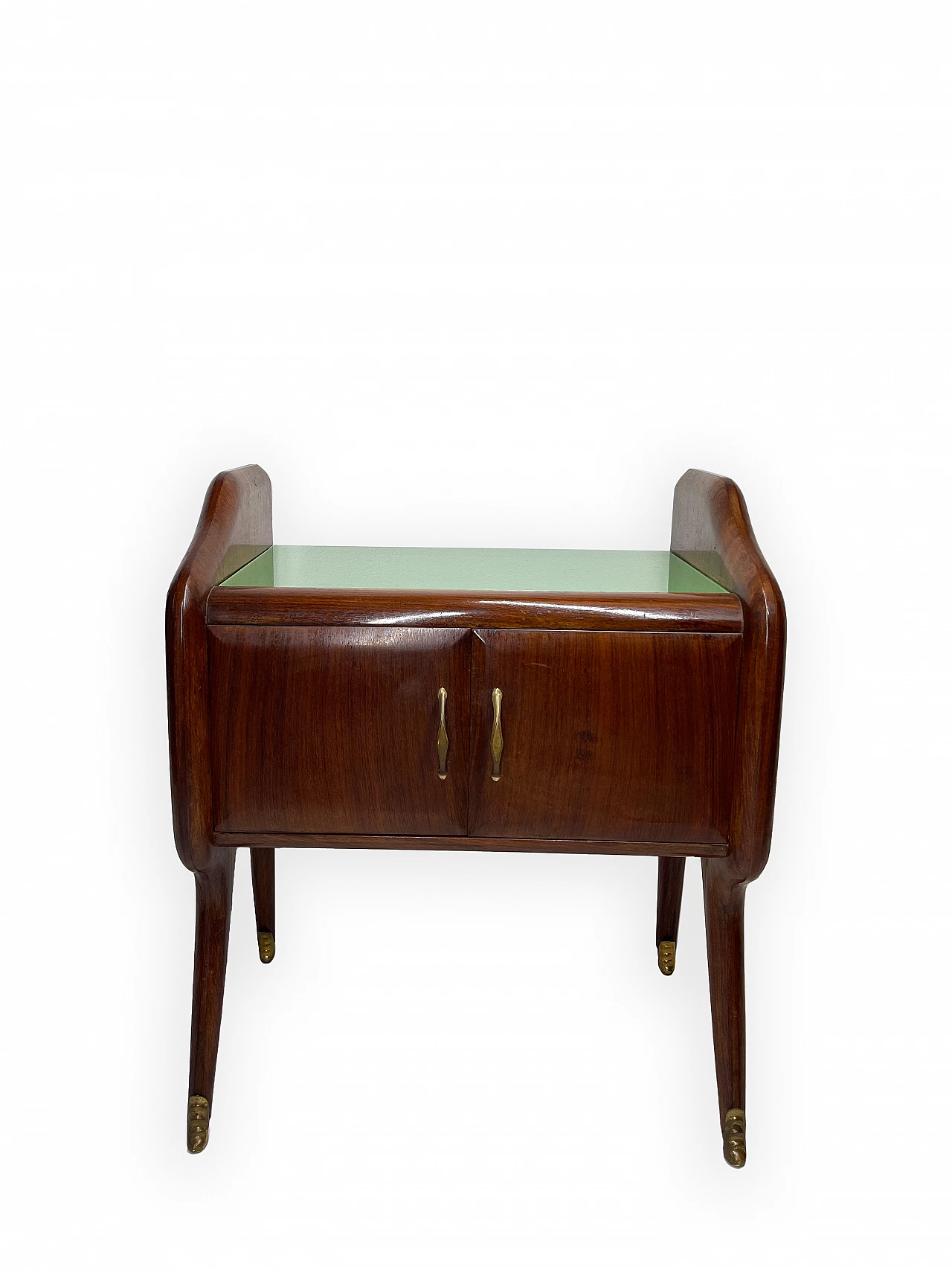 Pair of wooden bedside tables with green glass top, 1950s 17