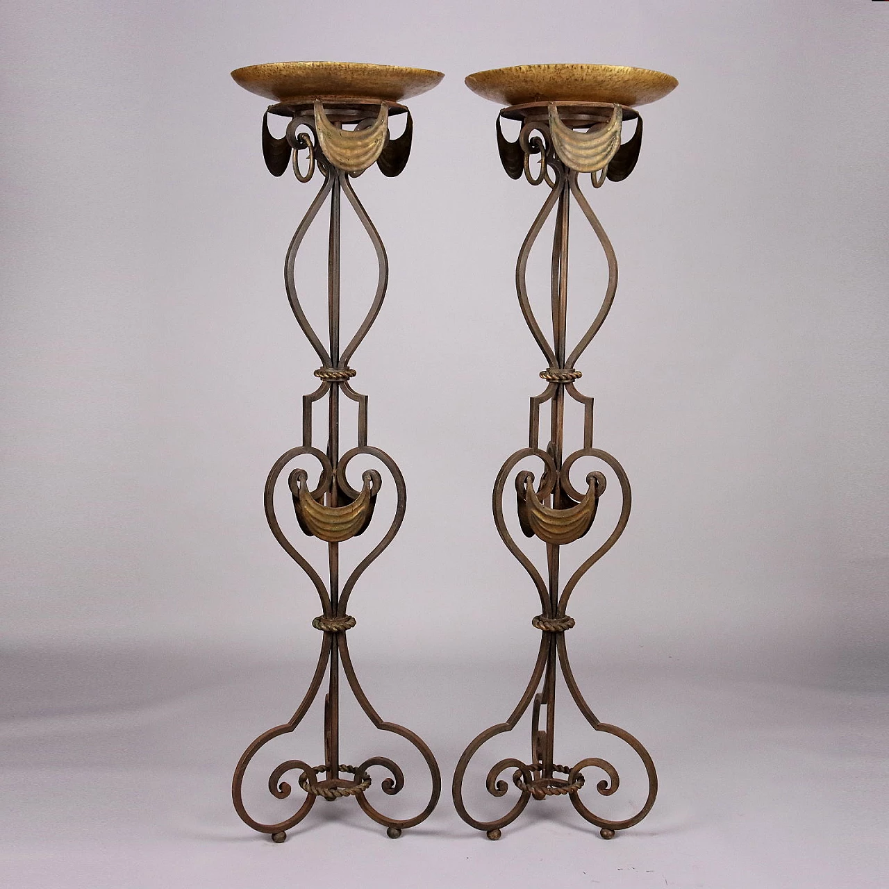 Pair of floor torch holders in wrought iron 1