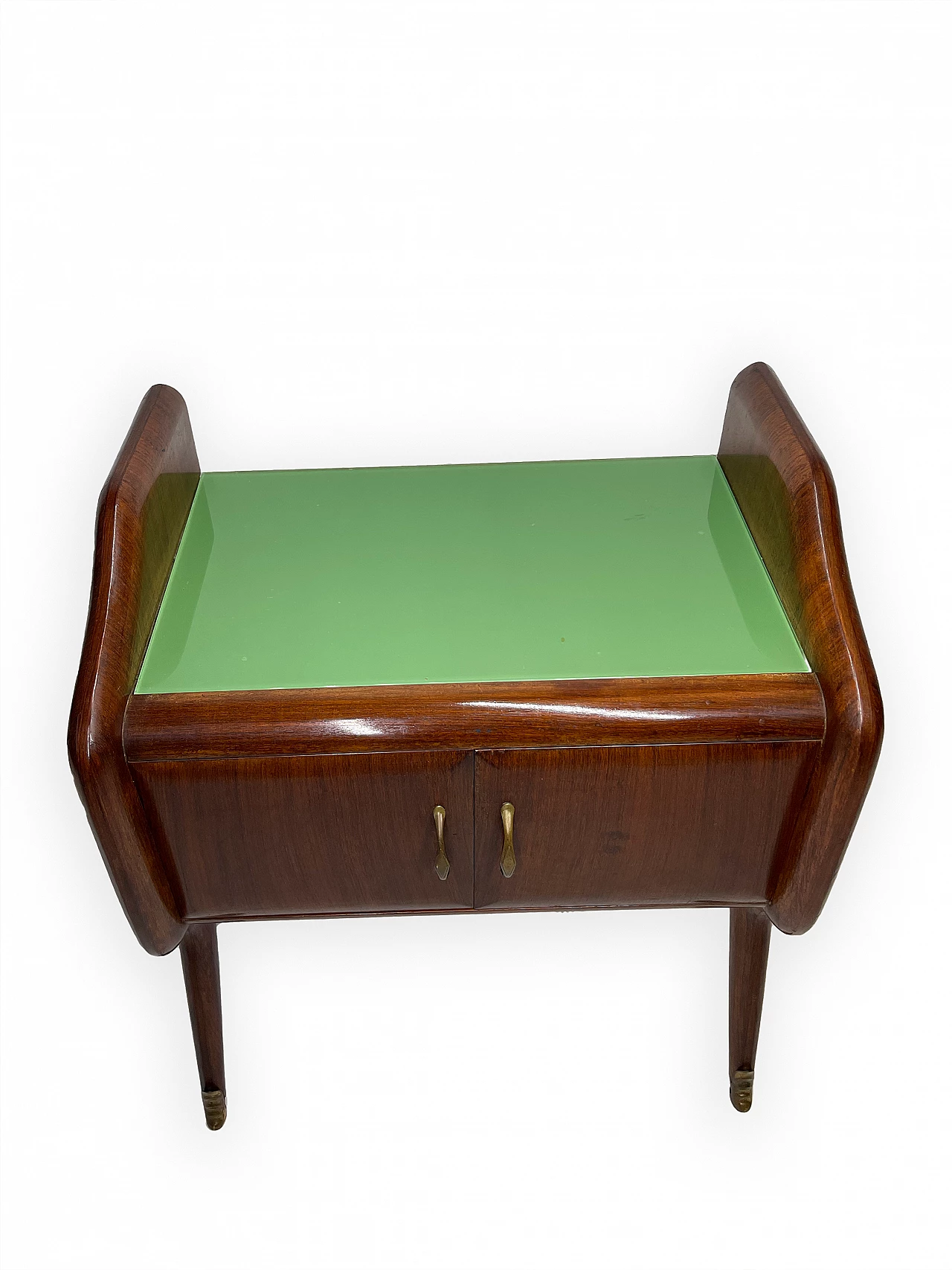 Pair of wooden bedside tables with green glass top, 1950s 20