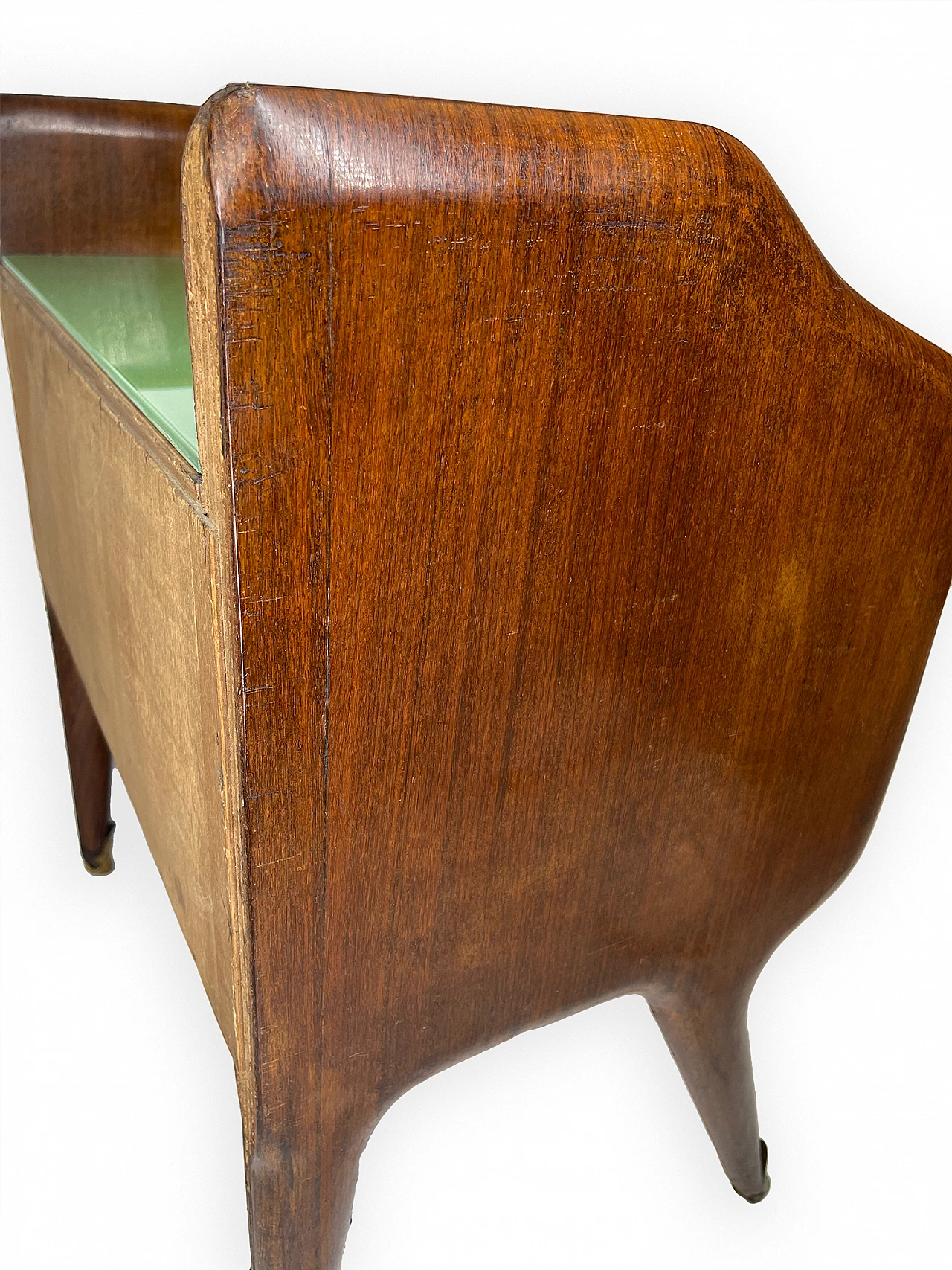 Pair of wooden bedside tables with green glass top, 1950s 24