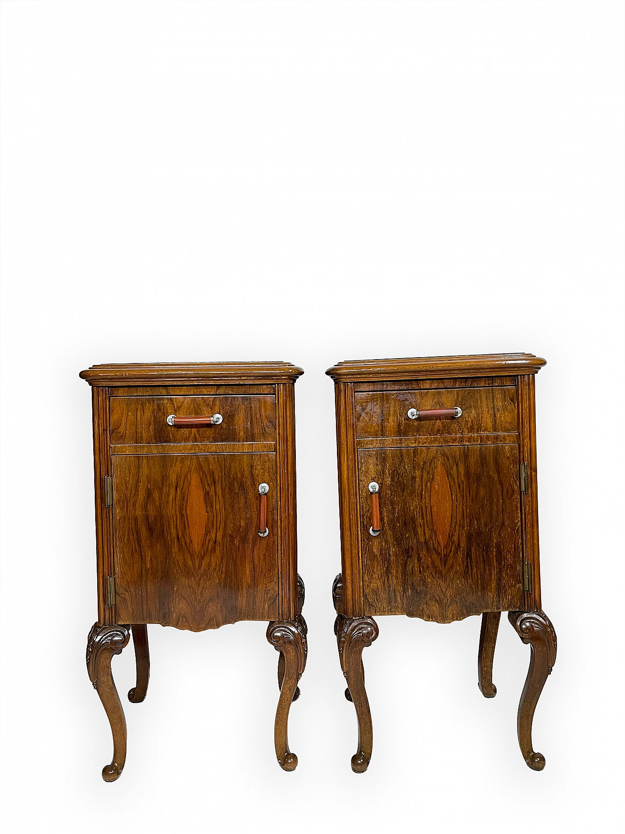 Pair of walnut bedside table with black veined marble top, 1930s 1