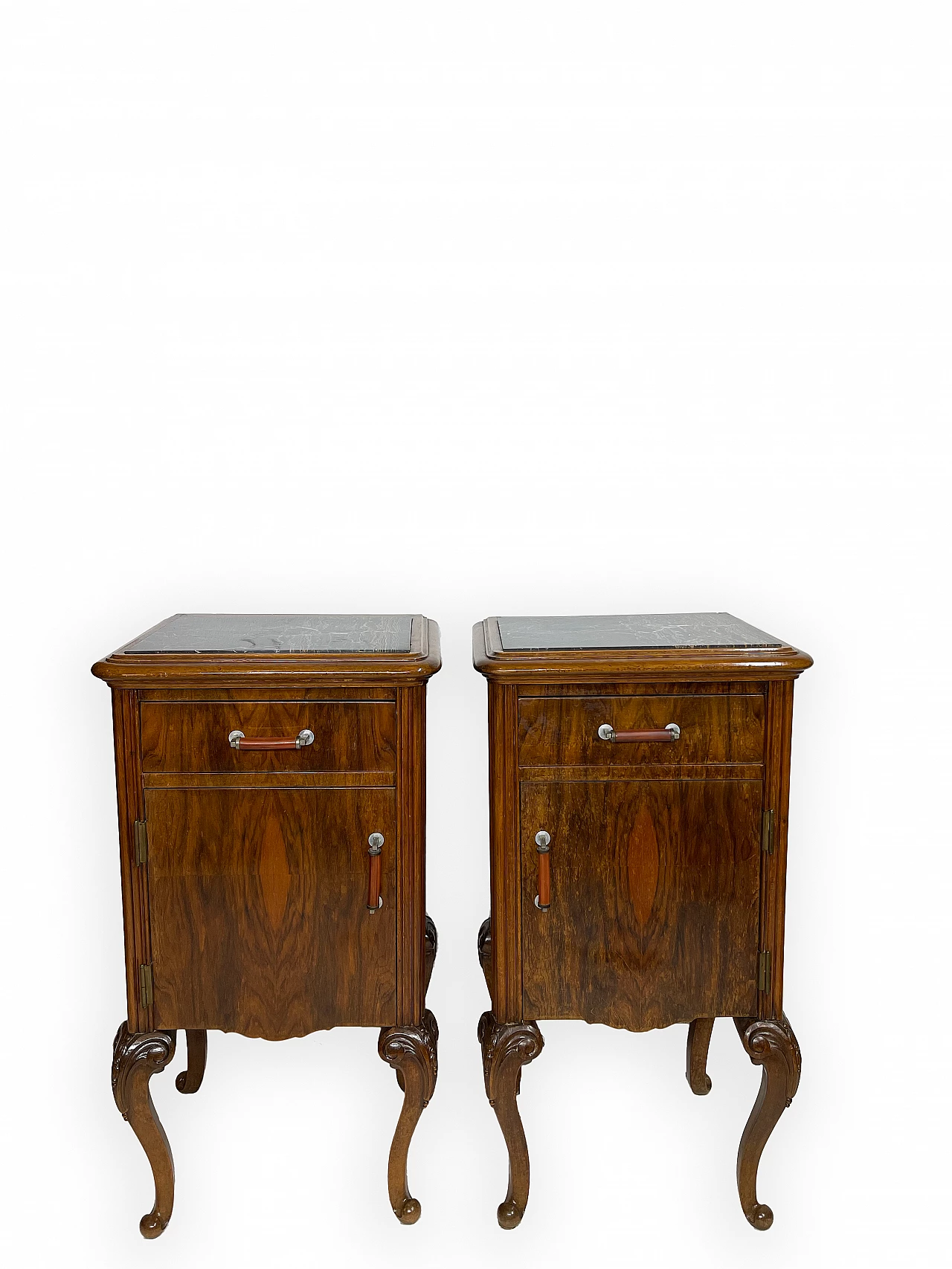 Pair of walnut bedside table with black veined marble top, 1930s 2