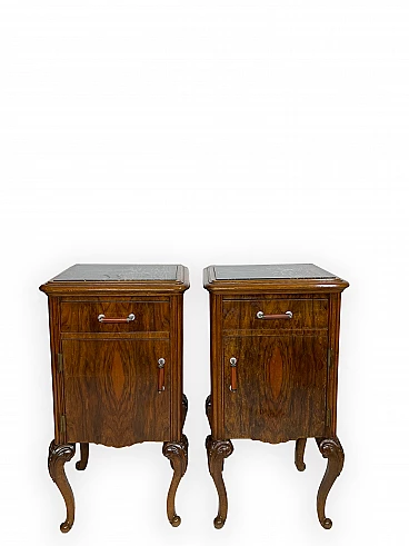 Pair of walnut bedside table with black veined marble top, 1930s