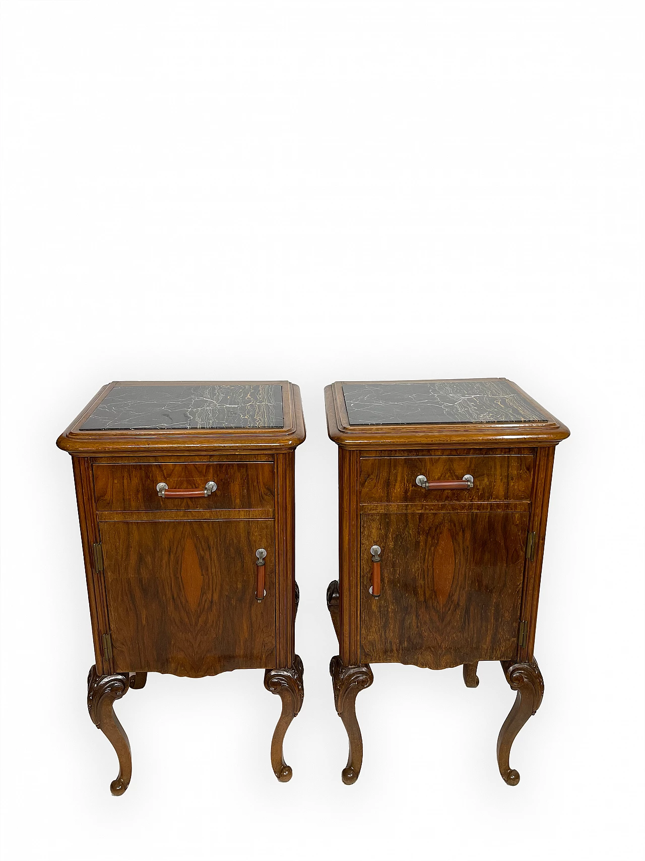 Pair of walnut bedside table with black veined marble top, 1930s 3
